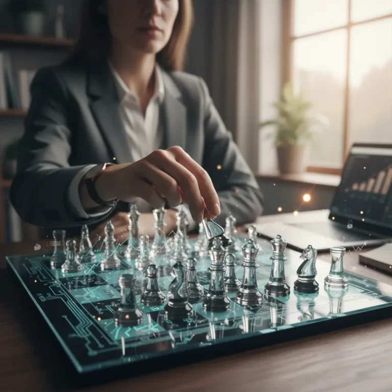 a professional or an individual investor strategically moving chess pieces on a board