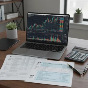 A sophisticated financial desk setup with a laptop displaying stock charts
