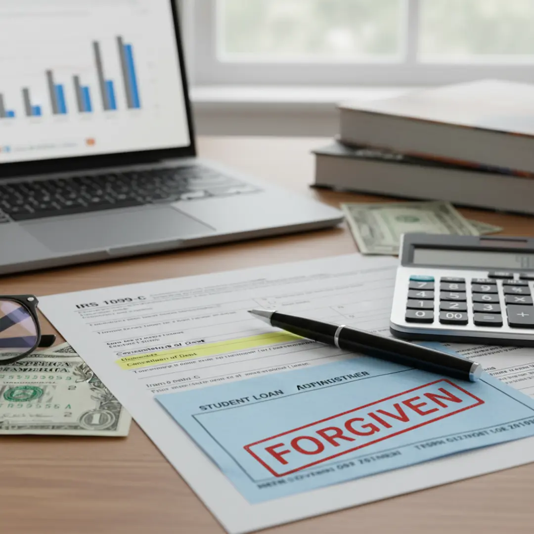 A close-up of a 1099-C form with a pen and calculator
