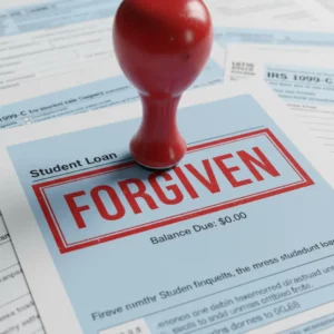 a "FORGIVEN" stamp over a document labeled "Student Loan