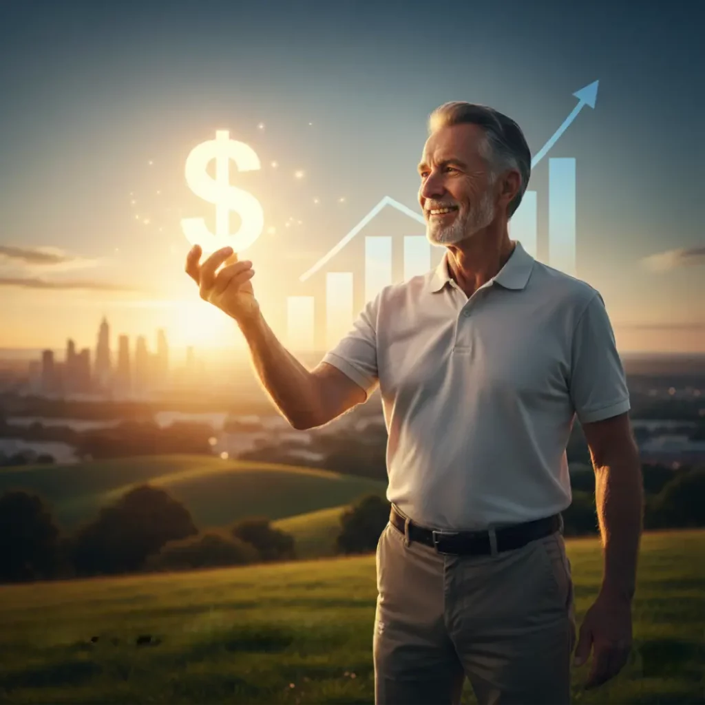 An energetic, smiling older person in casual yet active attire, holding a stylized, glowing dollar sign ($) while looking confidently towards a horizon