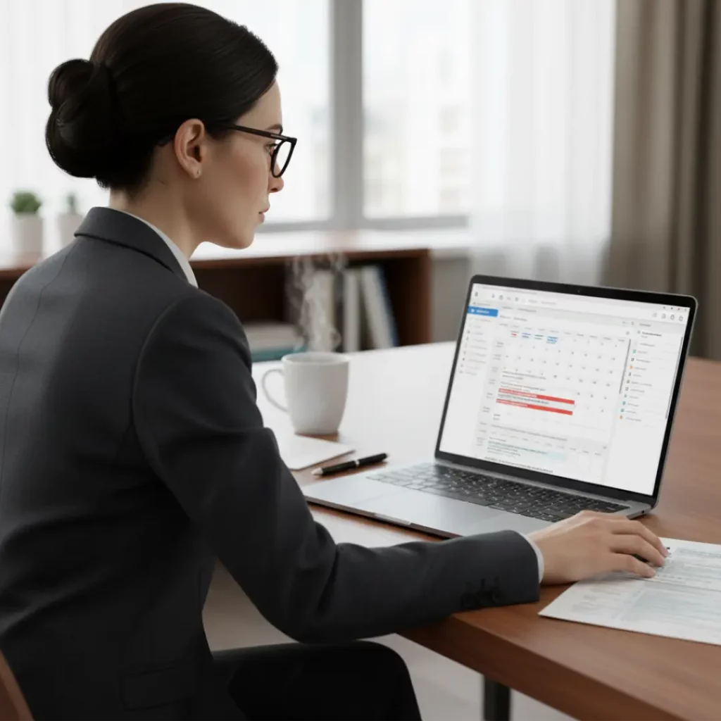 a tax professional looking intently at a digital calendar on a laptop