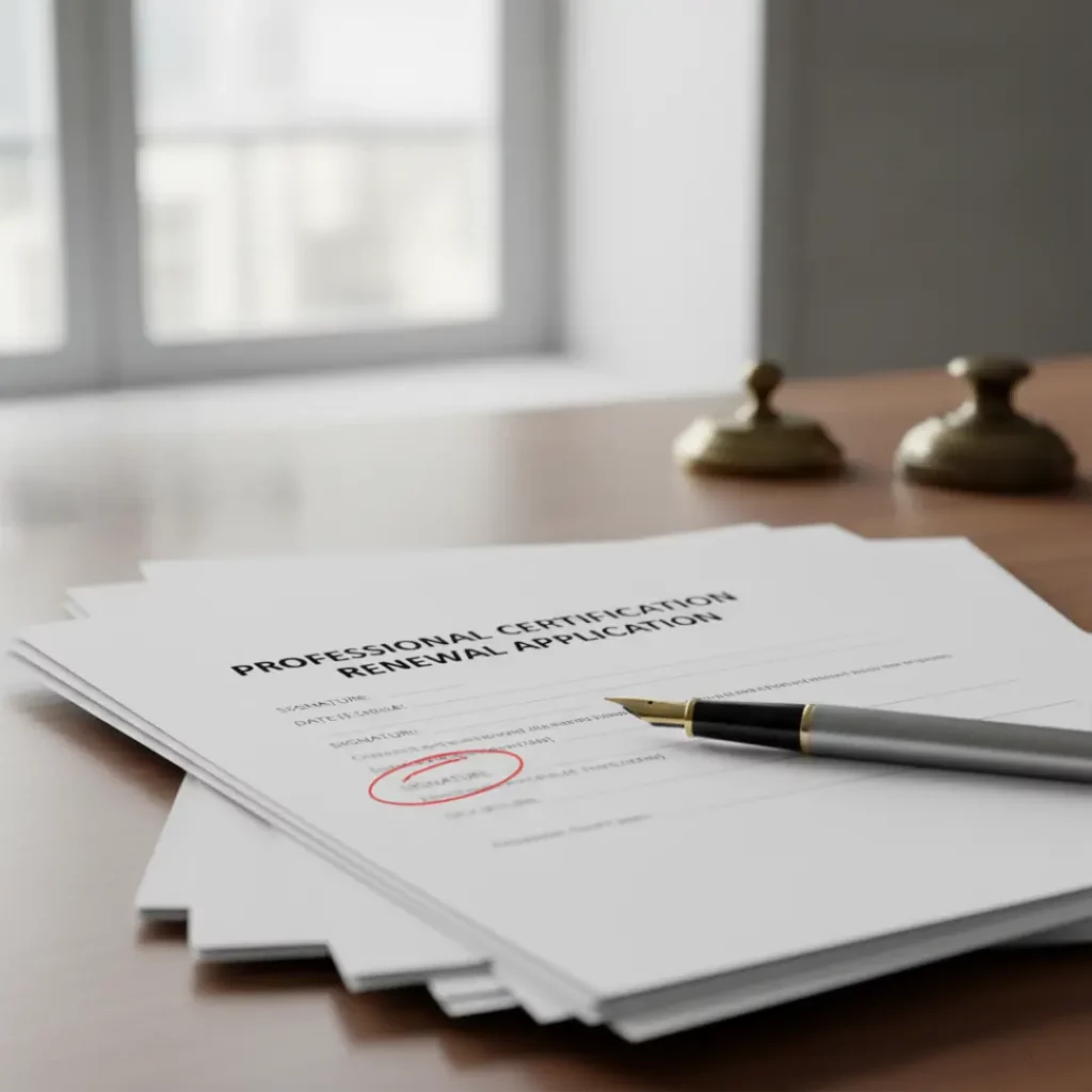 a stack of forms labeled "Renewal" with a pen ready to sign