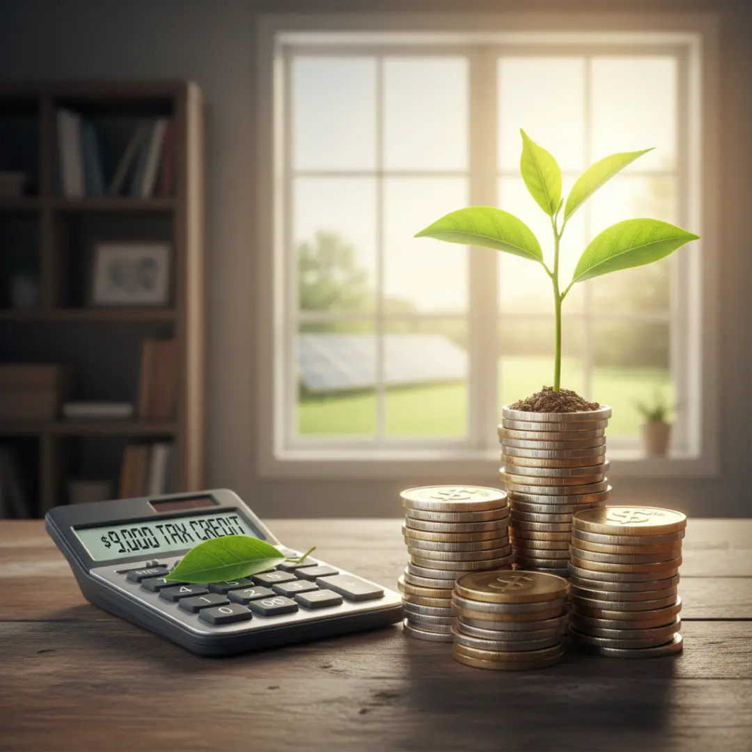 A small green plant growing from a stack of coins next to a calculator.